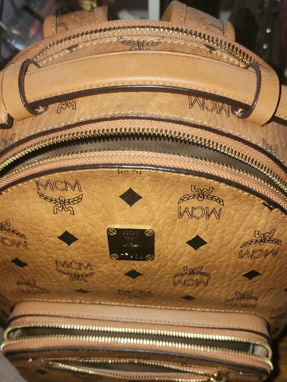 MCM Cognac Logo Visetos Backpack with Gold Hardware